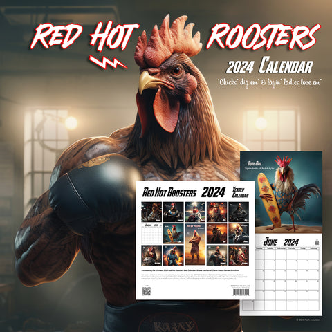 Red Hot Roosters Chicken Calendar -  2024 Yearly 12"x12" Wall Calendar